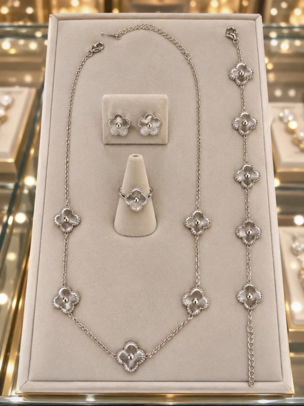Silver Floral Clover Necklace, Bracelet, Ring & Earring Set